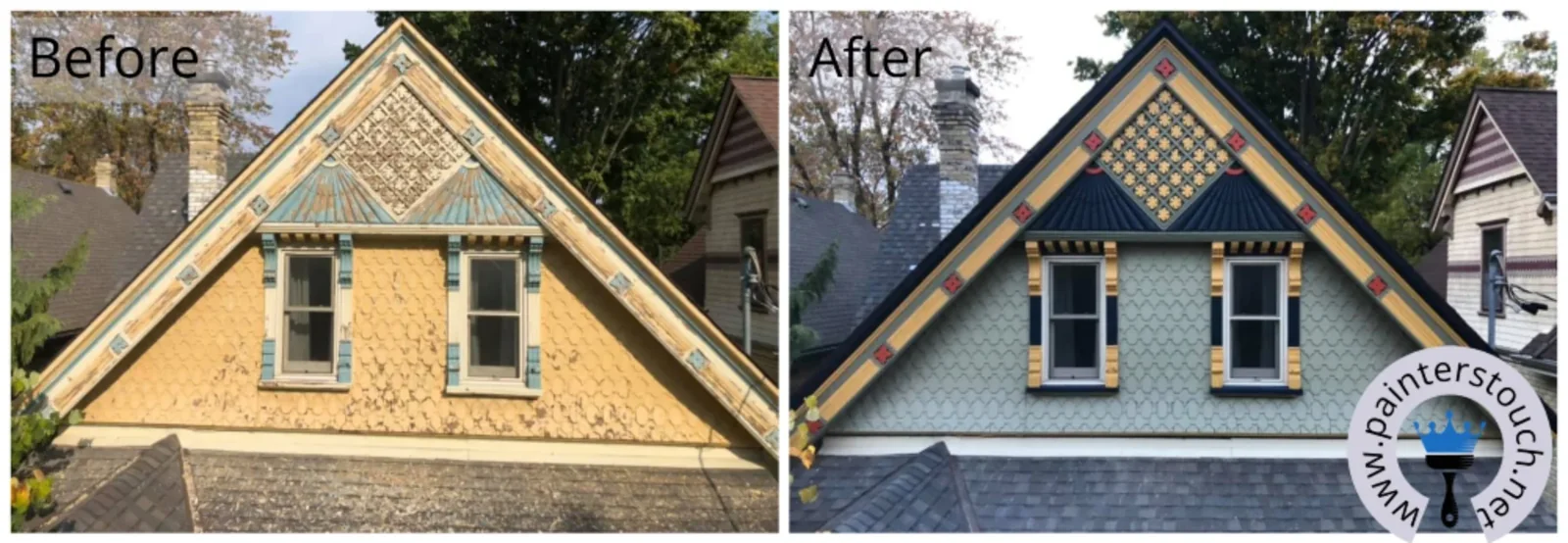 Yellow historical home before and after exterior painting
