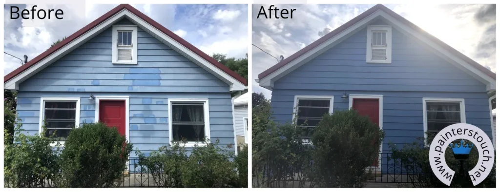 Blue house exterior before and after painting