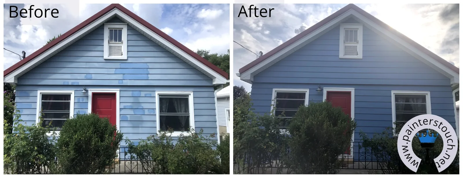 Blue house exterior before and after painting