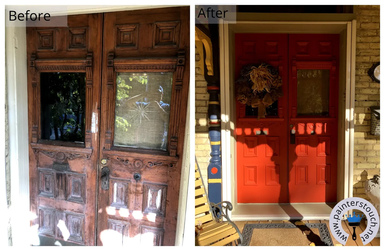 Historical front door before and after refinishing