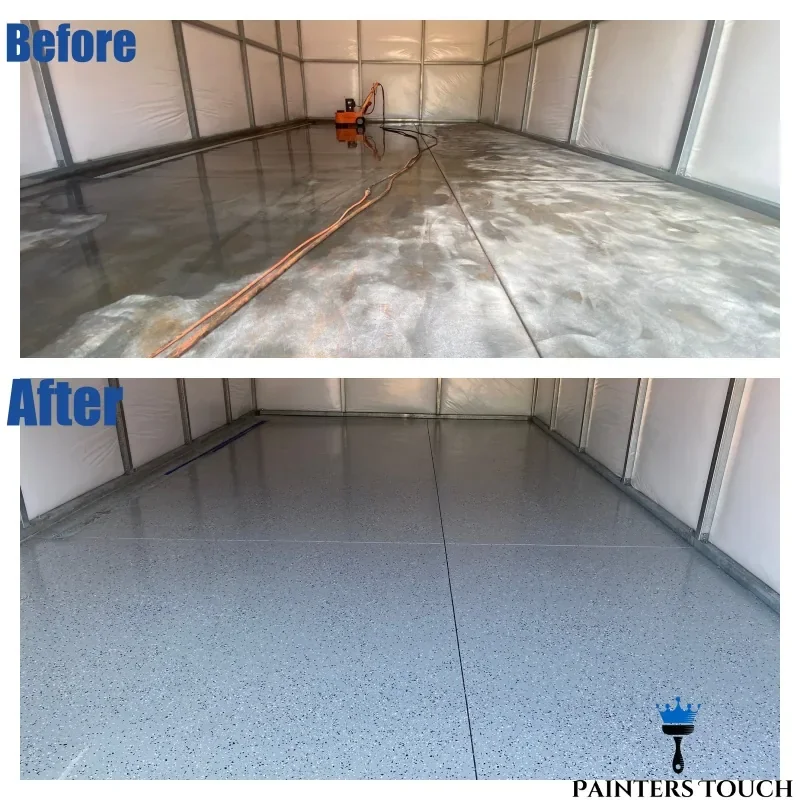 Floor before and after an epoxy coating