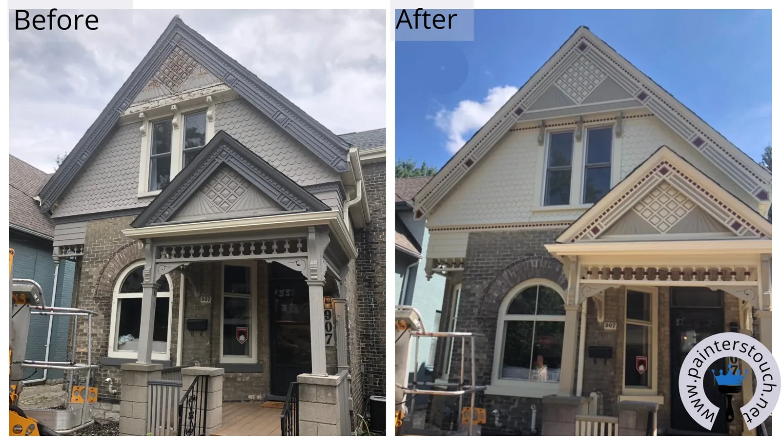 Historical porch and trim before and after painting