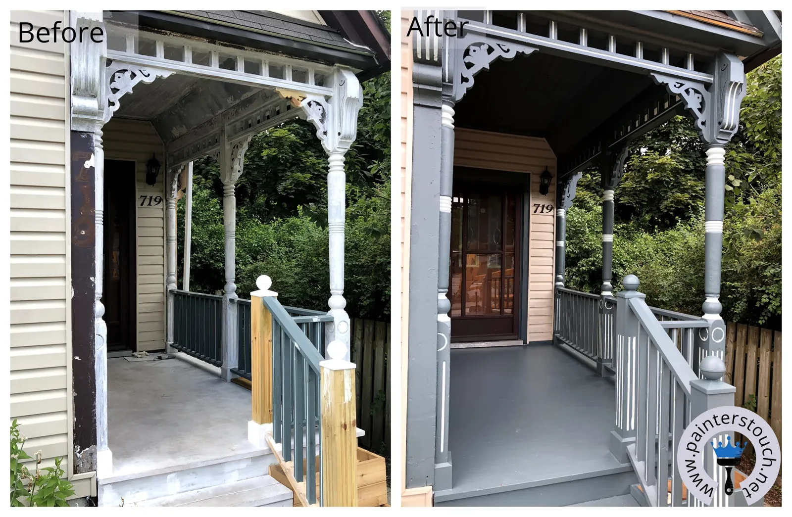 Painted deck before and after refinishing — project 2