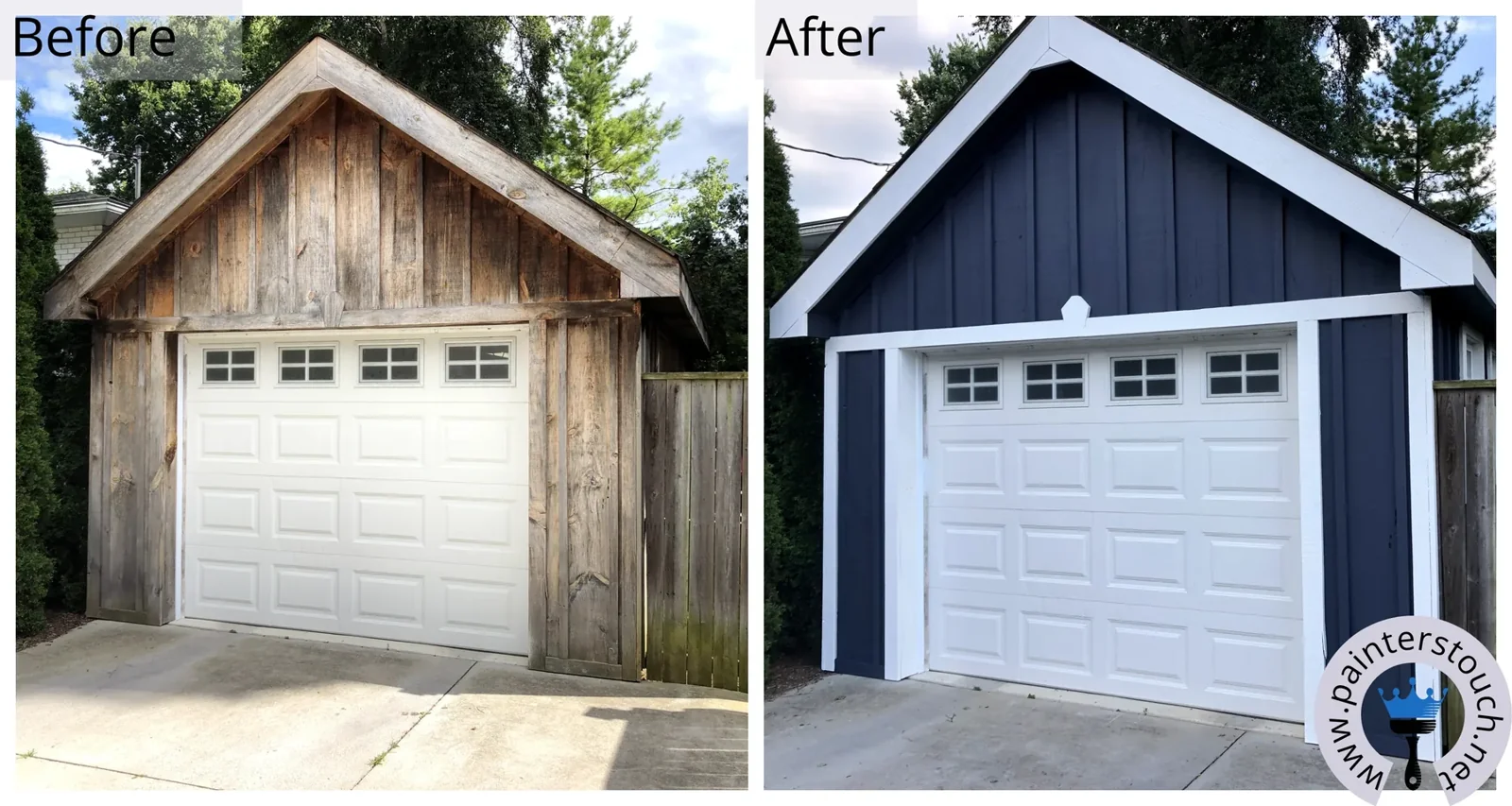 Detached garage before and after exterior painting