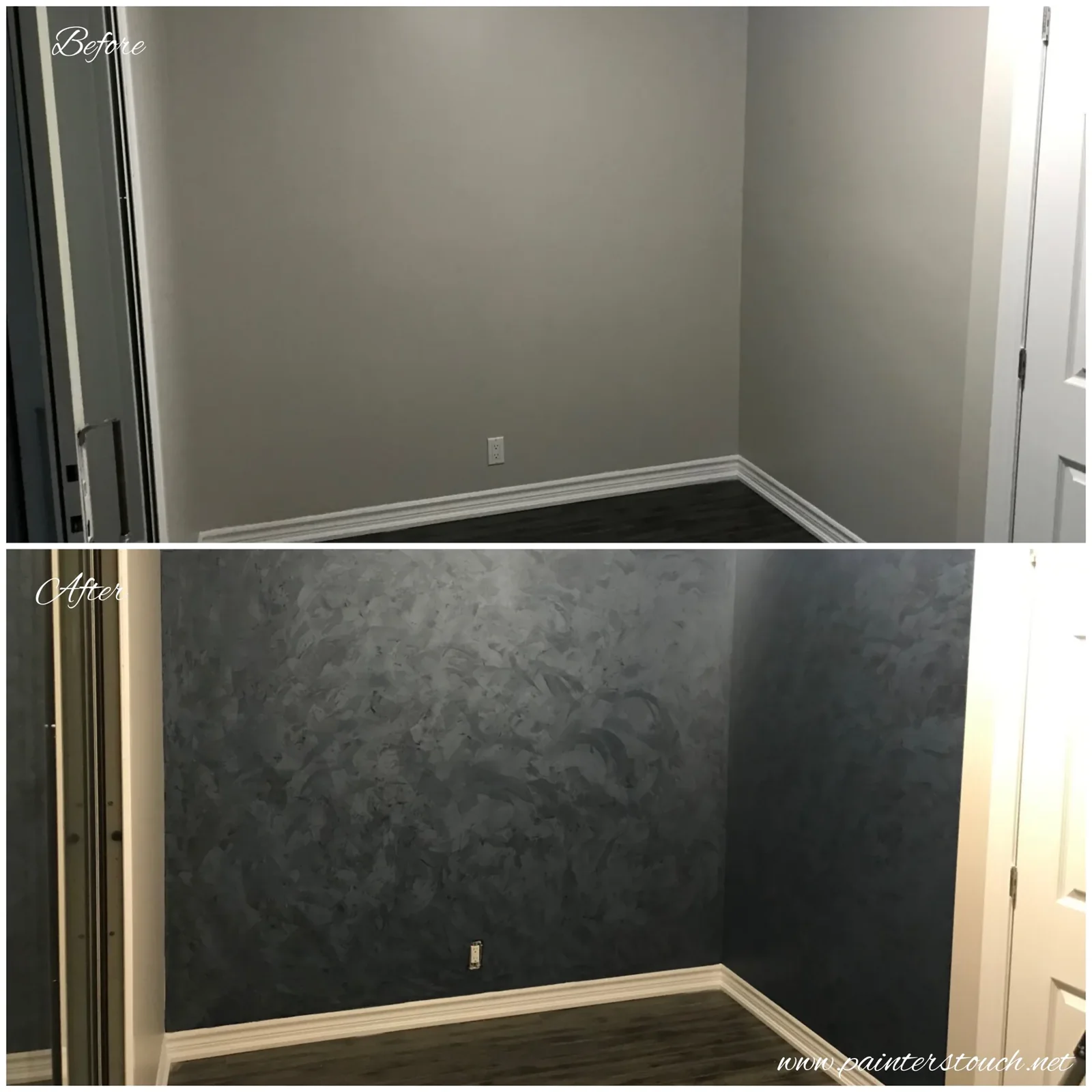 Interior wall before and after a Venetian finish