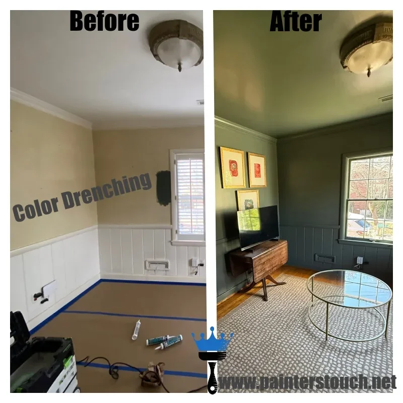 Color-drenched interior before and after painting — project 2