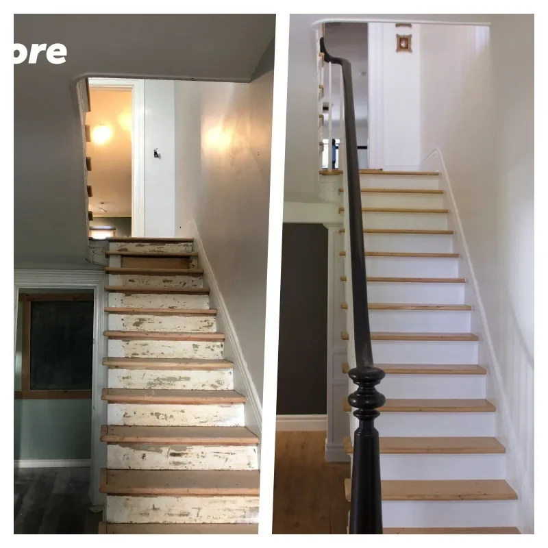 Staircase and railings before and after painting — project 2