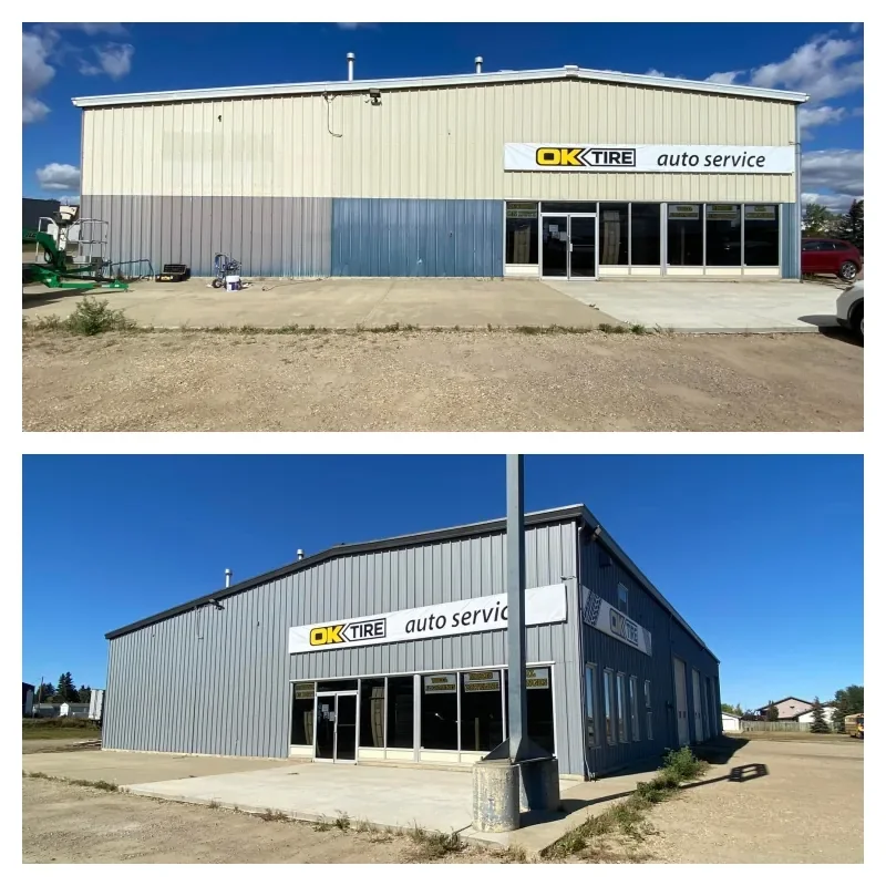Commercial auto-service building before and after painting